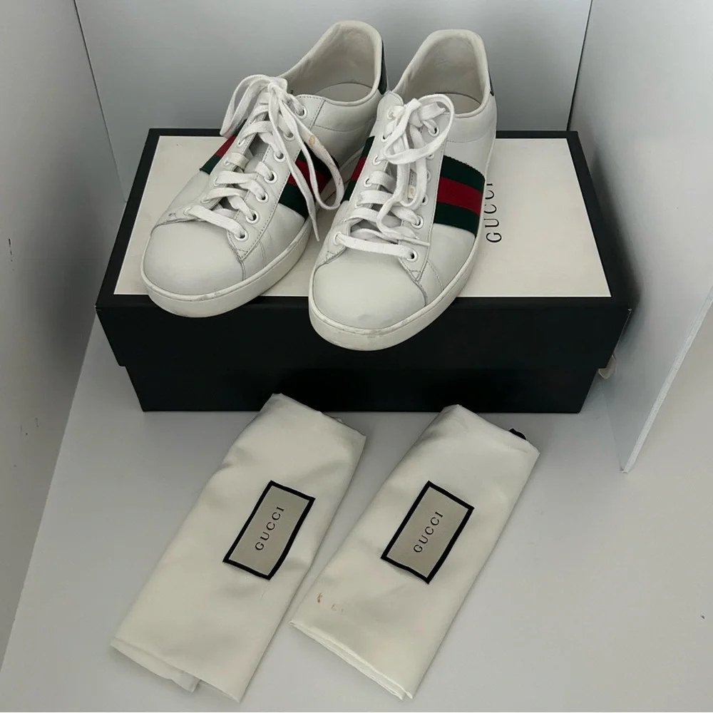 Gucci Ace Leather Low Top Stripe Lace up Sneakers Trainers Size 7